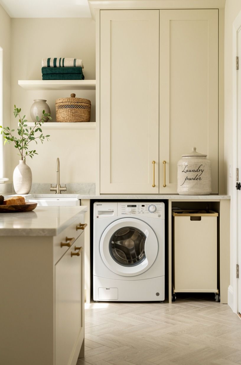 What makes a small laundry room feel less cramped?