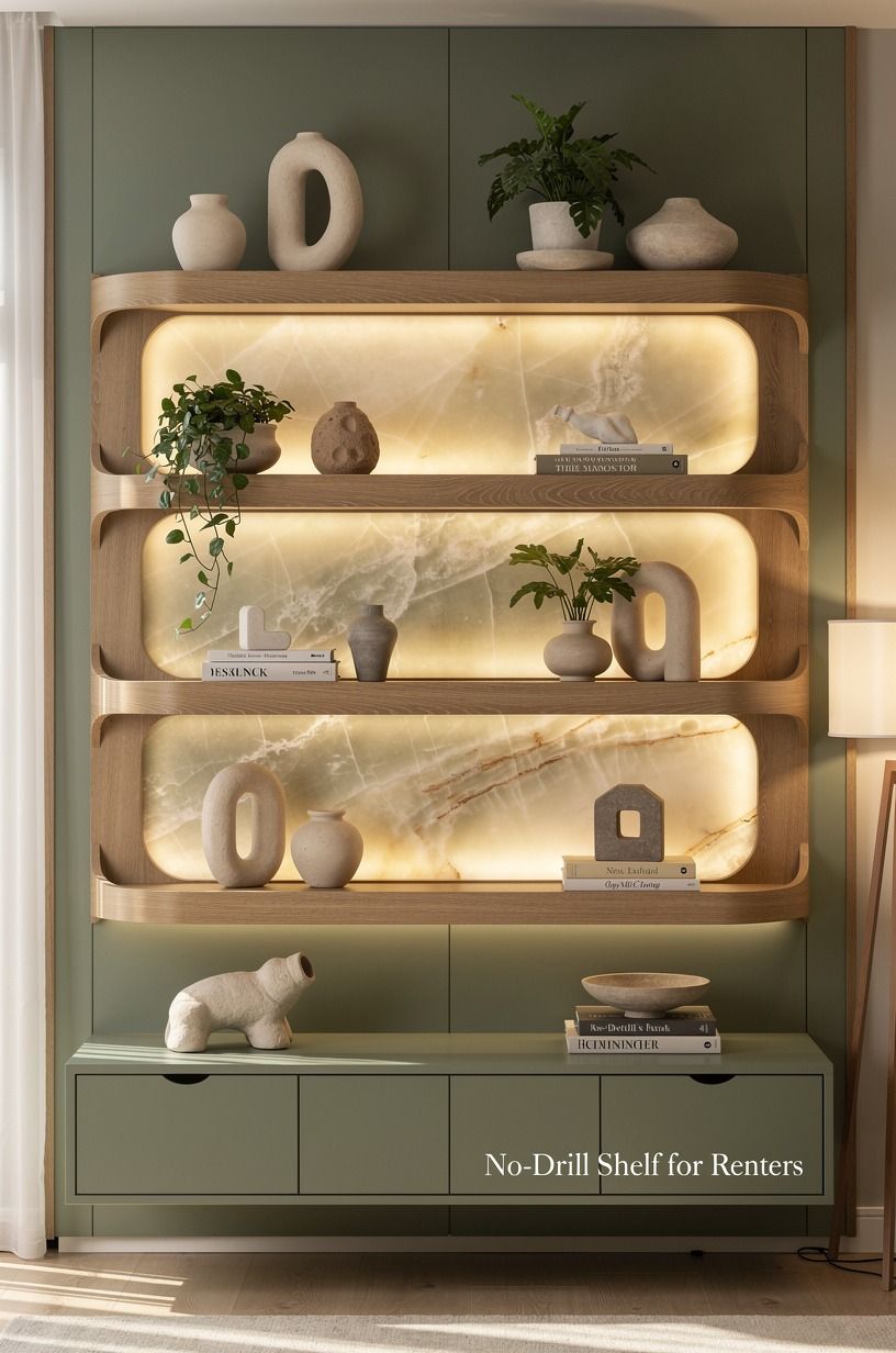 Layer wall shelves without drilling around one quiet color