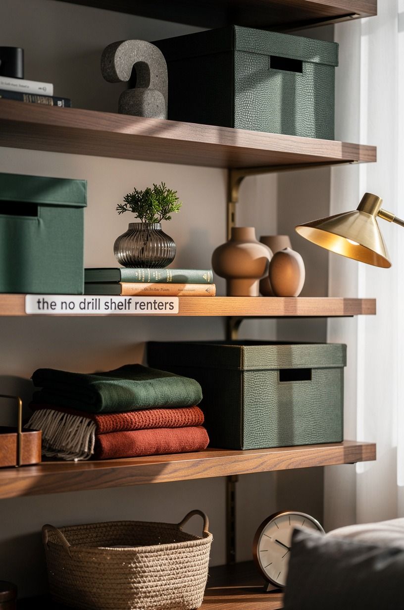 Mix renter friendly floating shelves with soft storage