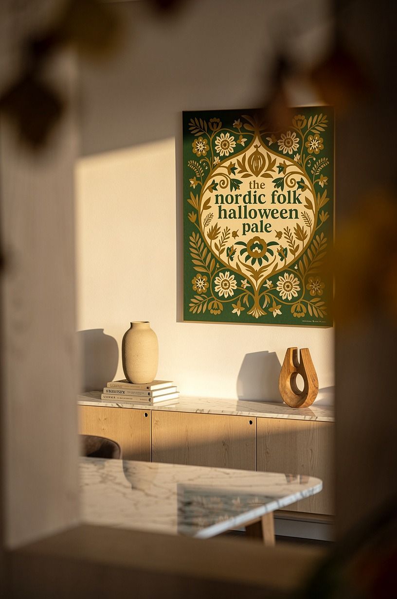 Hang folk art at the right height for a Nordic autumn interior