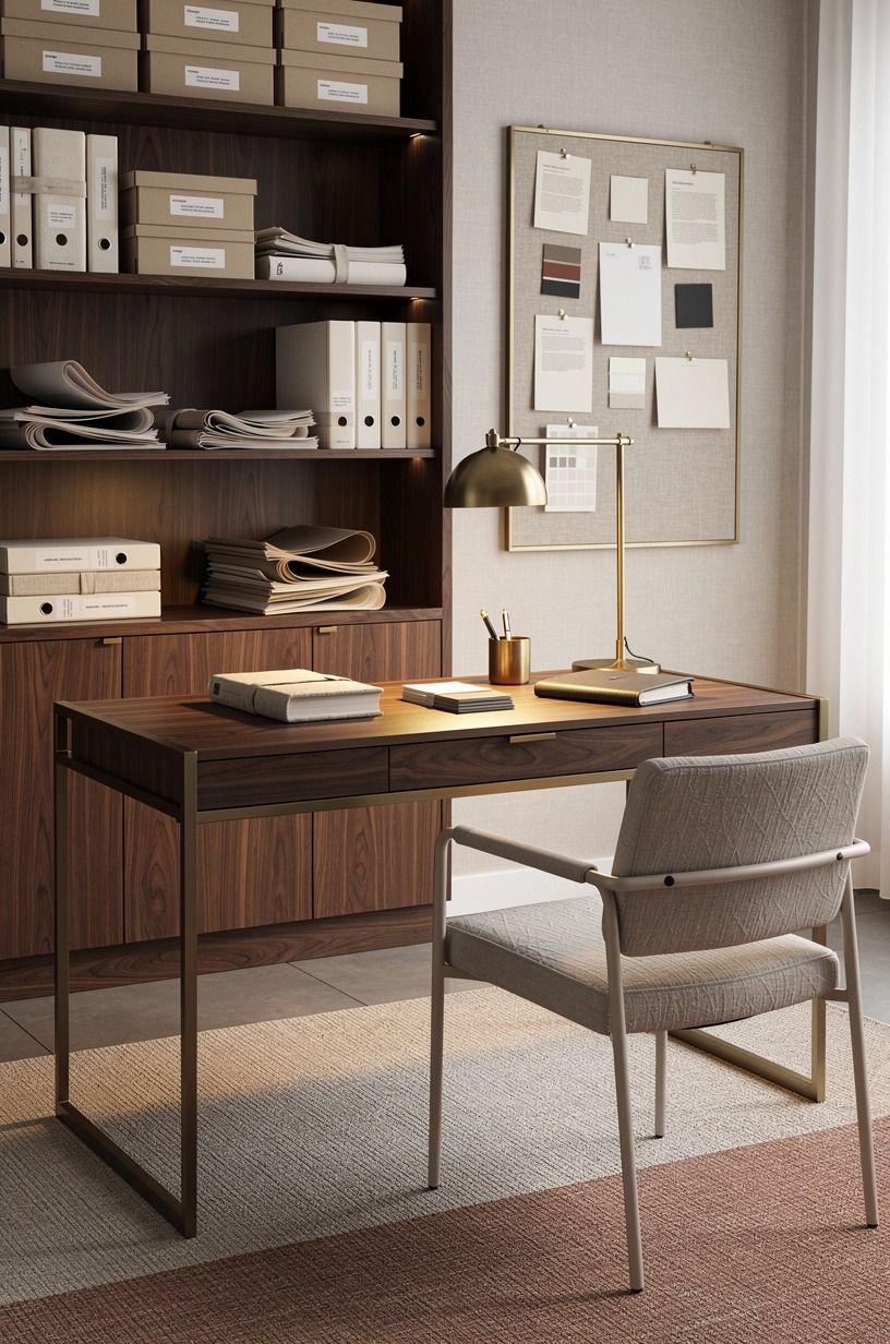 Mix paper, metal, and cloth for autumn academia interior texture