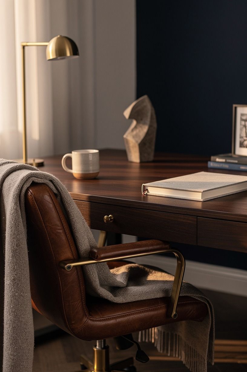 Swap a rolling chair for leather and a soft throw