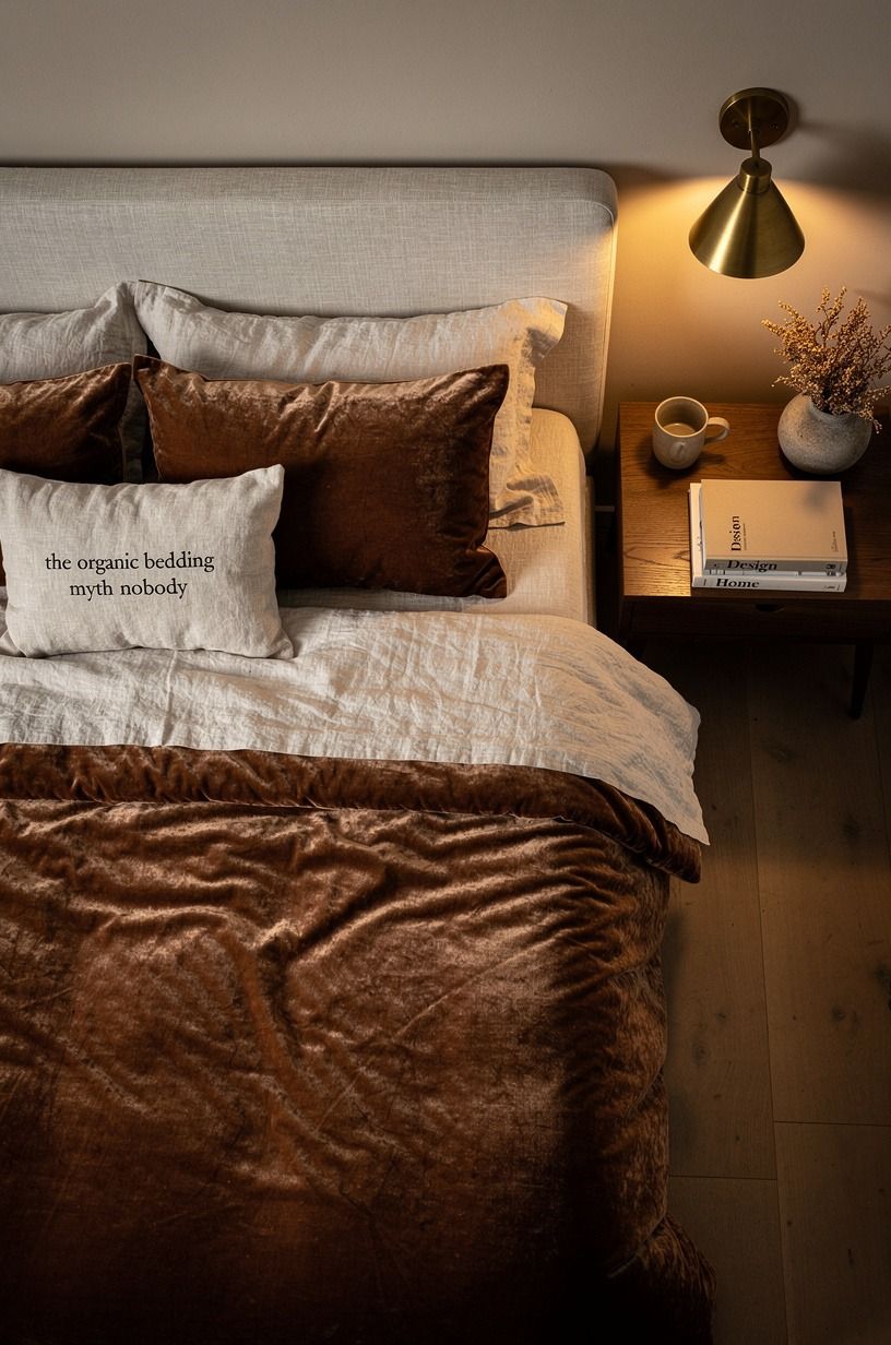 The velvet quilt made the bed look intentional, clay palette