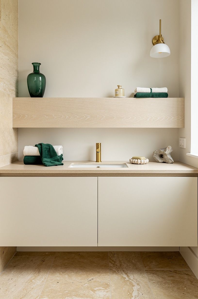 Float a pale oak shelf above the sink