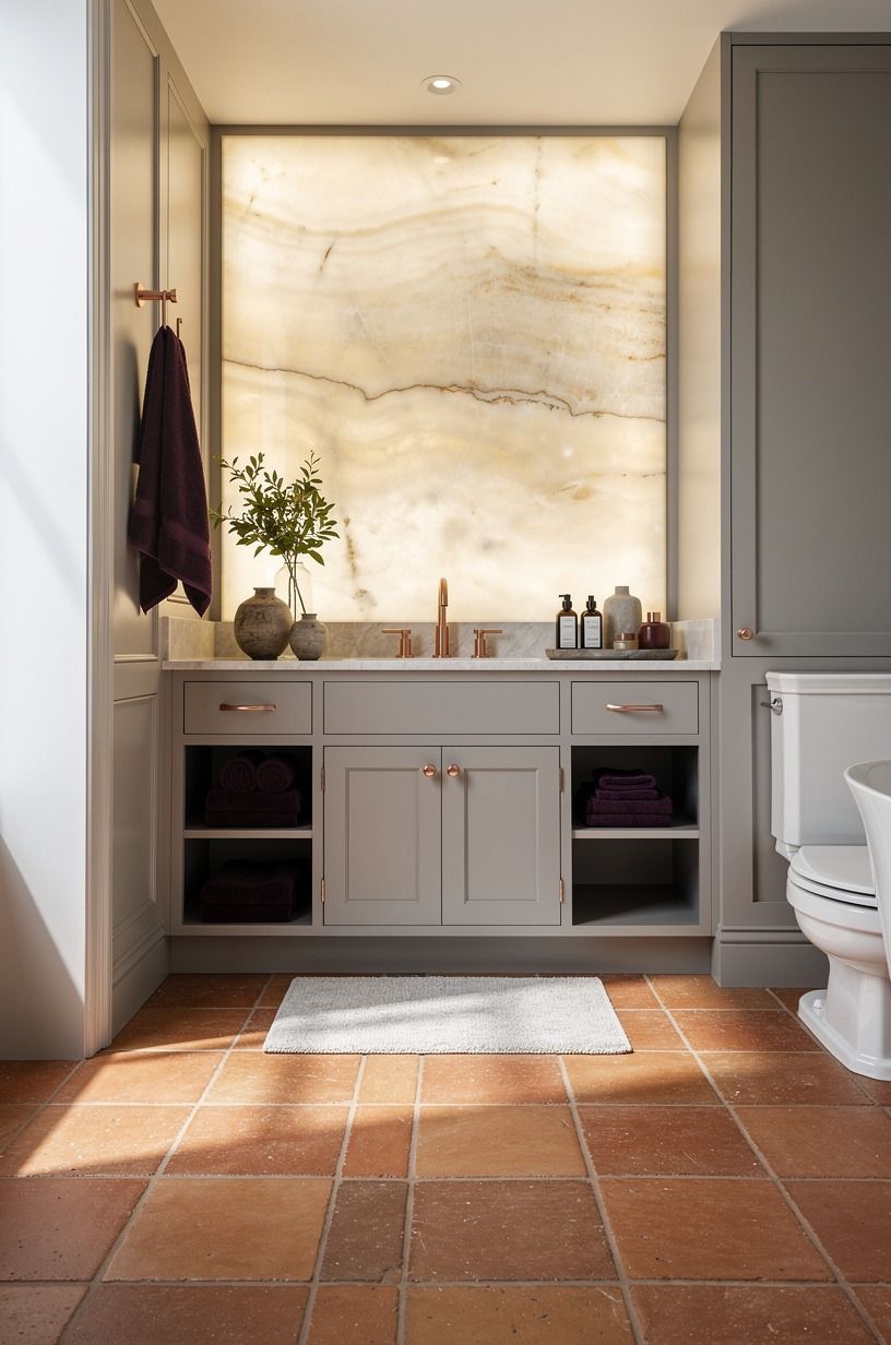 Swap cold tile for an earthy terracotta bathroom accent