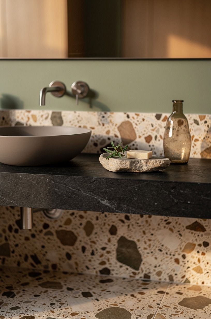 Anchor the room with a dark stone ledge