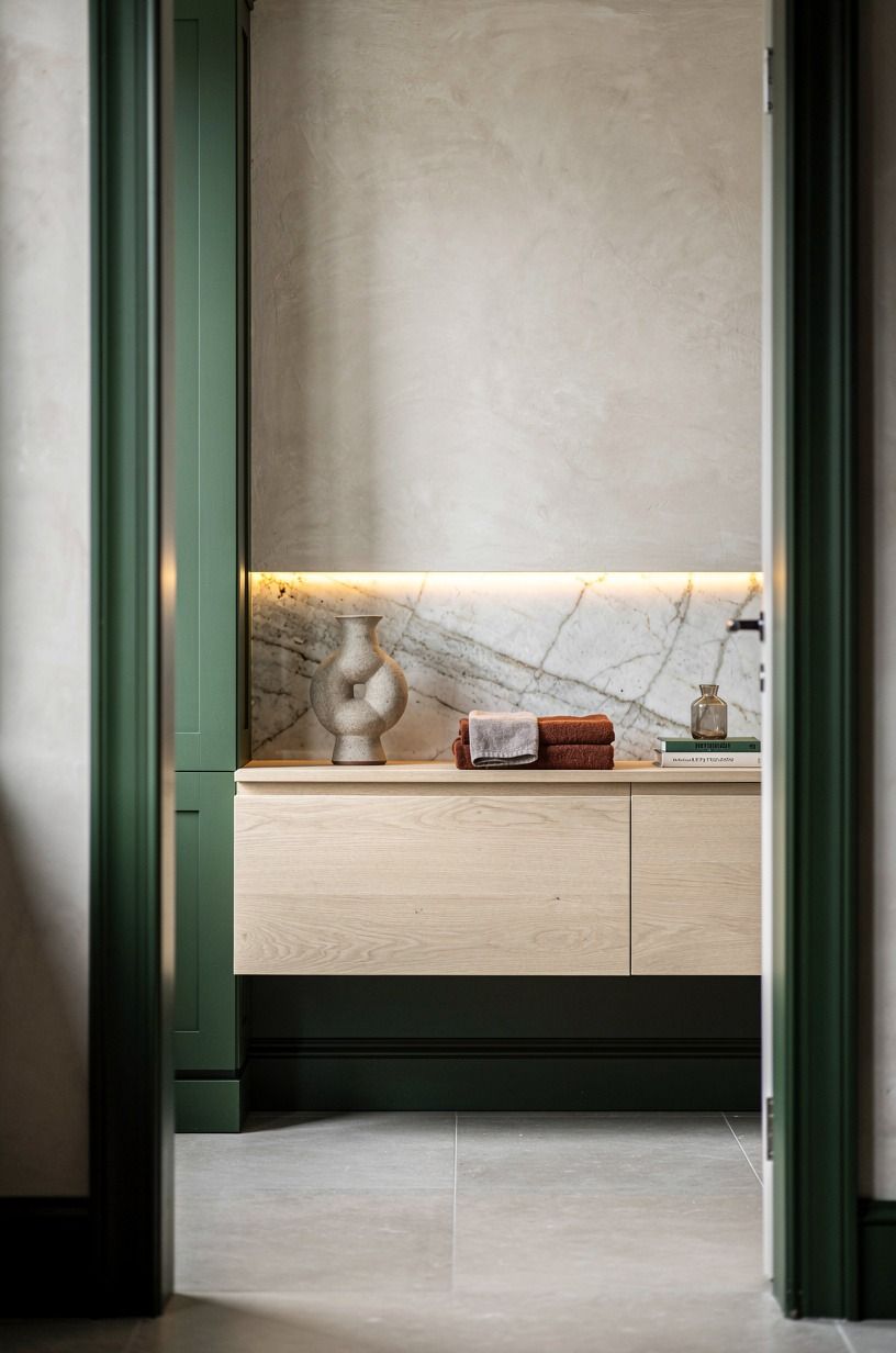 Float a pale oak vanity under the plaster