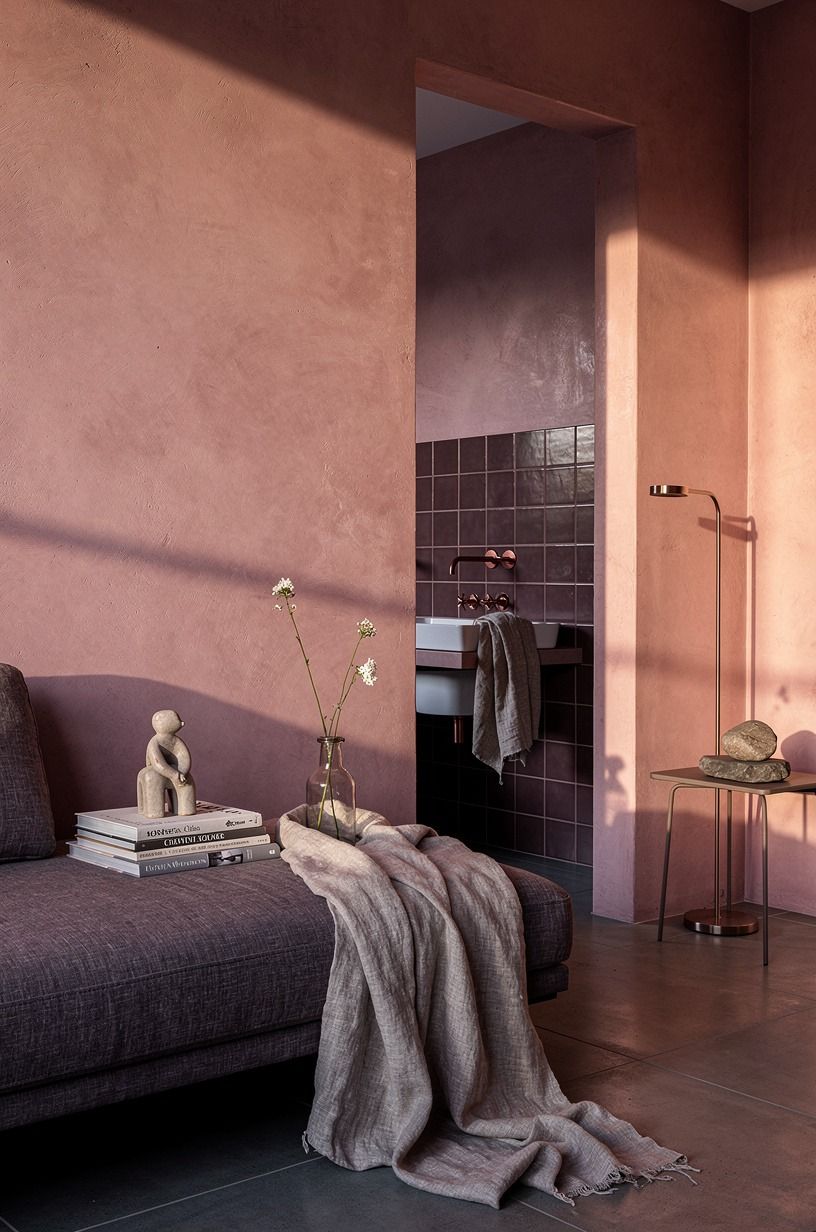 Mix pink plaster with hand-glazed tile
