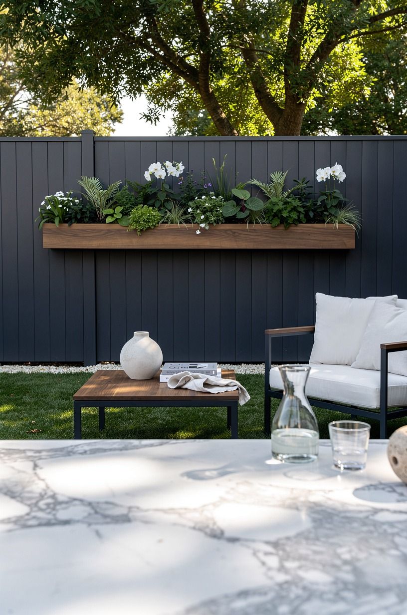 Float a narrow planter rail above the fence