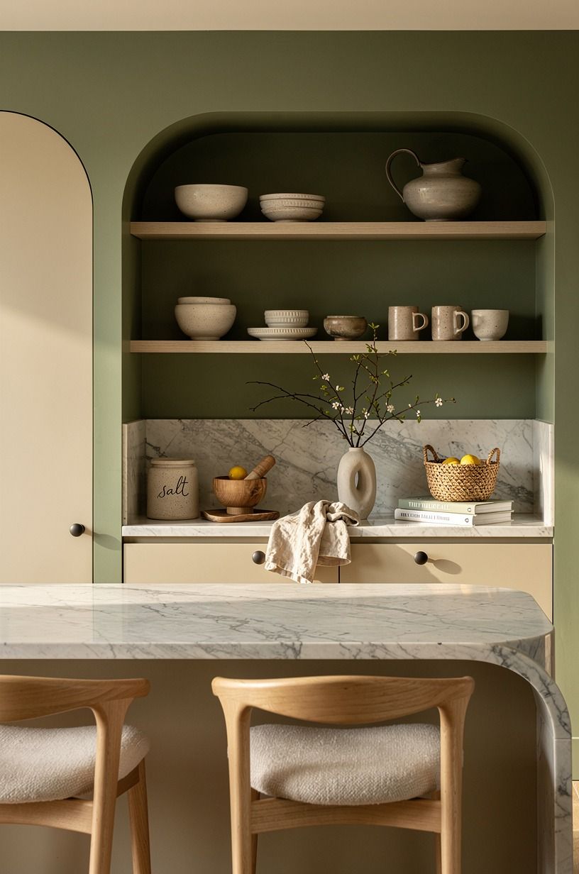 Paint the Shelf Wall in Farrow & Ball Studio Green