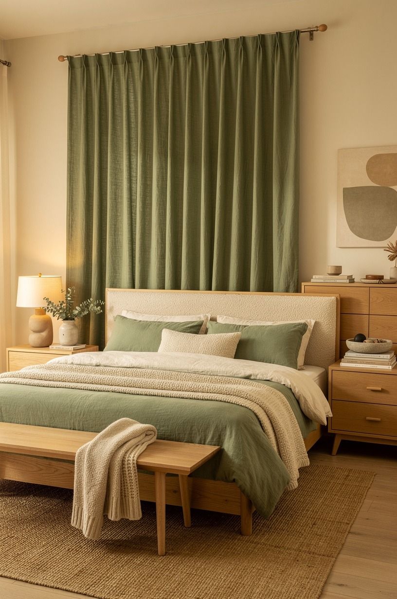 Hang curtains behind the bed with a tension rod