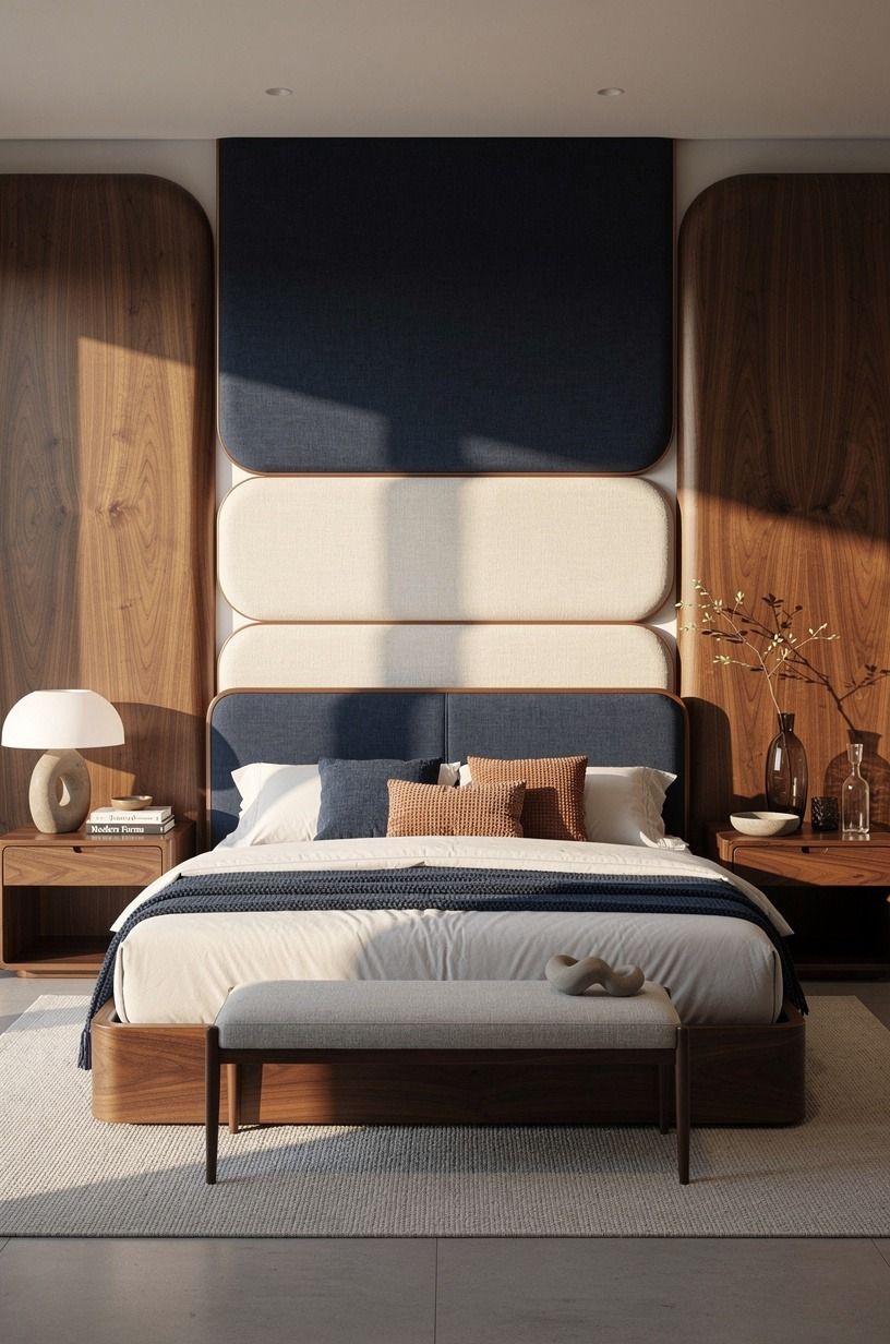 Layer a fabric headboard with the Two-Height Rule