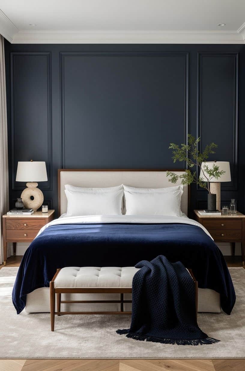The velvet layer made the room feel finished, navy palette