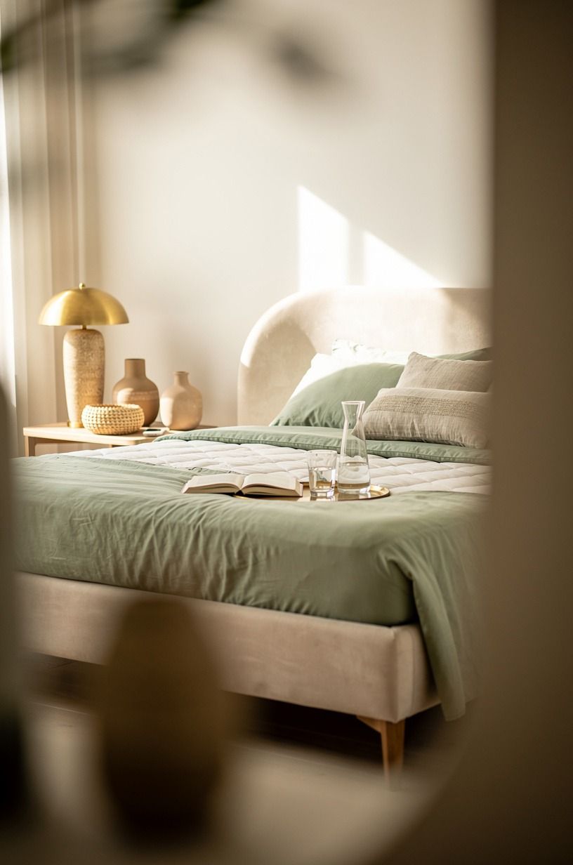 I let the room breathe before I dressed the bed, sage green palette