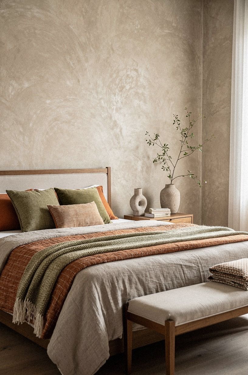 I added warmth without making the bed heavy, terracotta palette