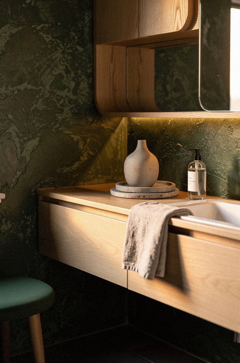Float Pale Oak Against Textured Bathroom Walls