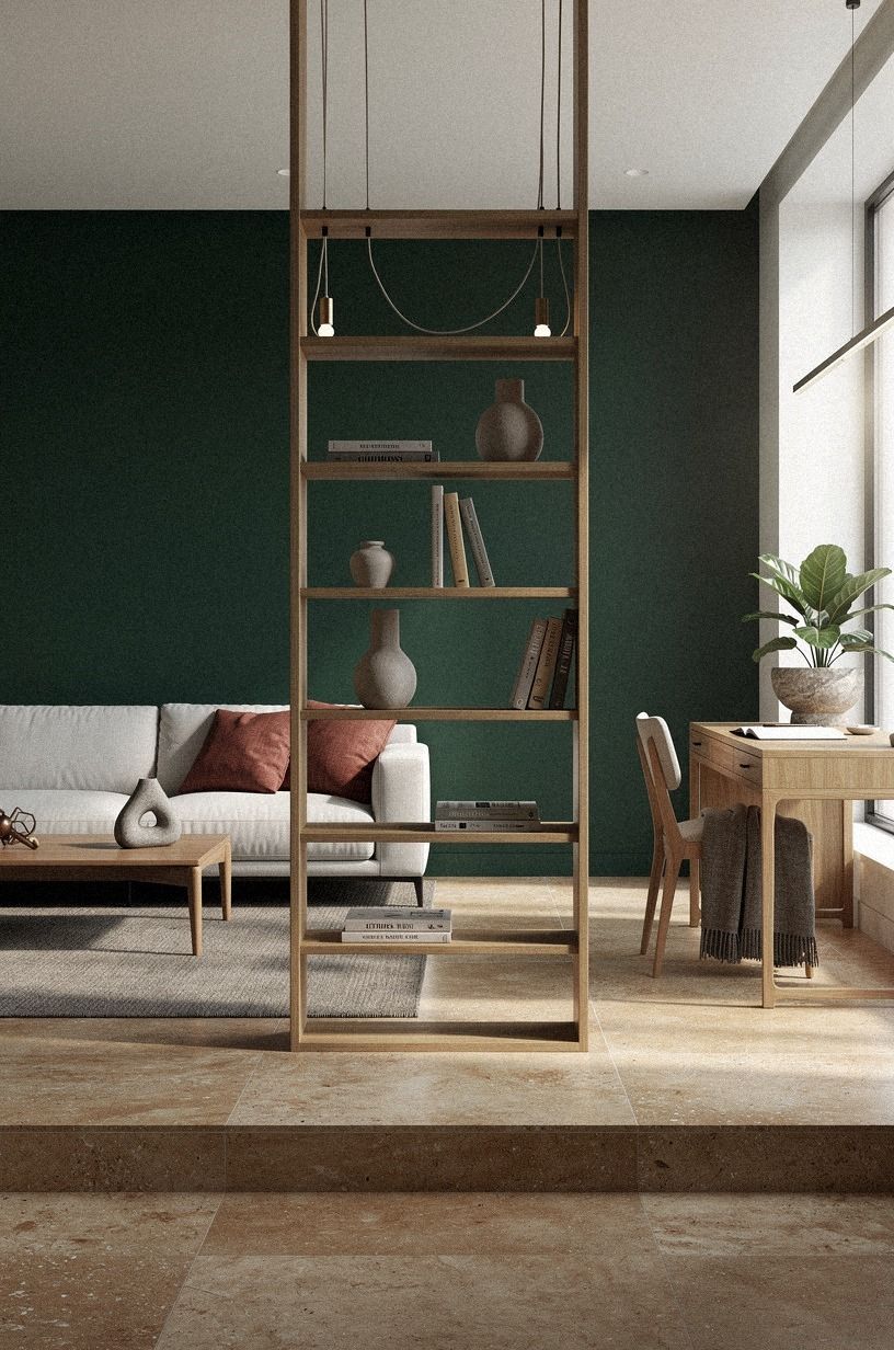 Hang lighting across the shelf as room divider