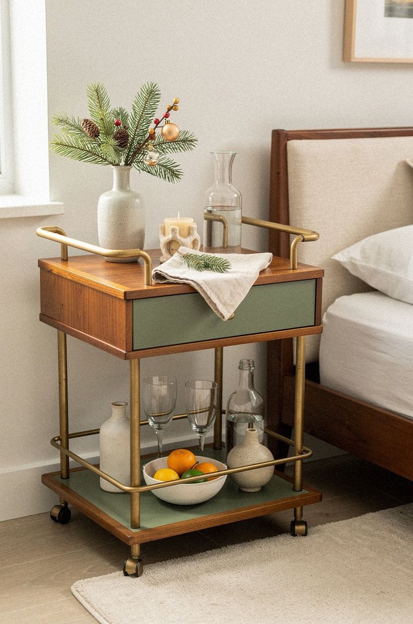 I Styled the Christmas Bar Cart Like a Nightstand, sage green palette