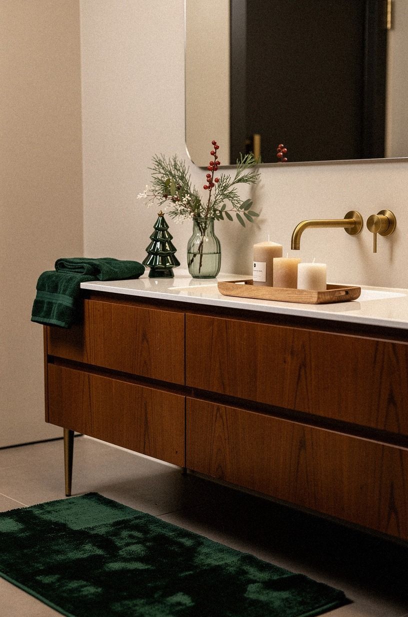 I Cleared the Counter Before Adding Christmas Bathroom Decor, forest green palette
