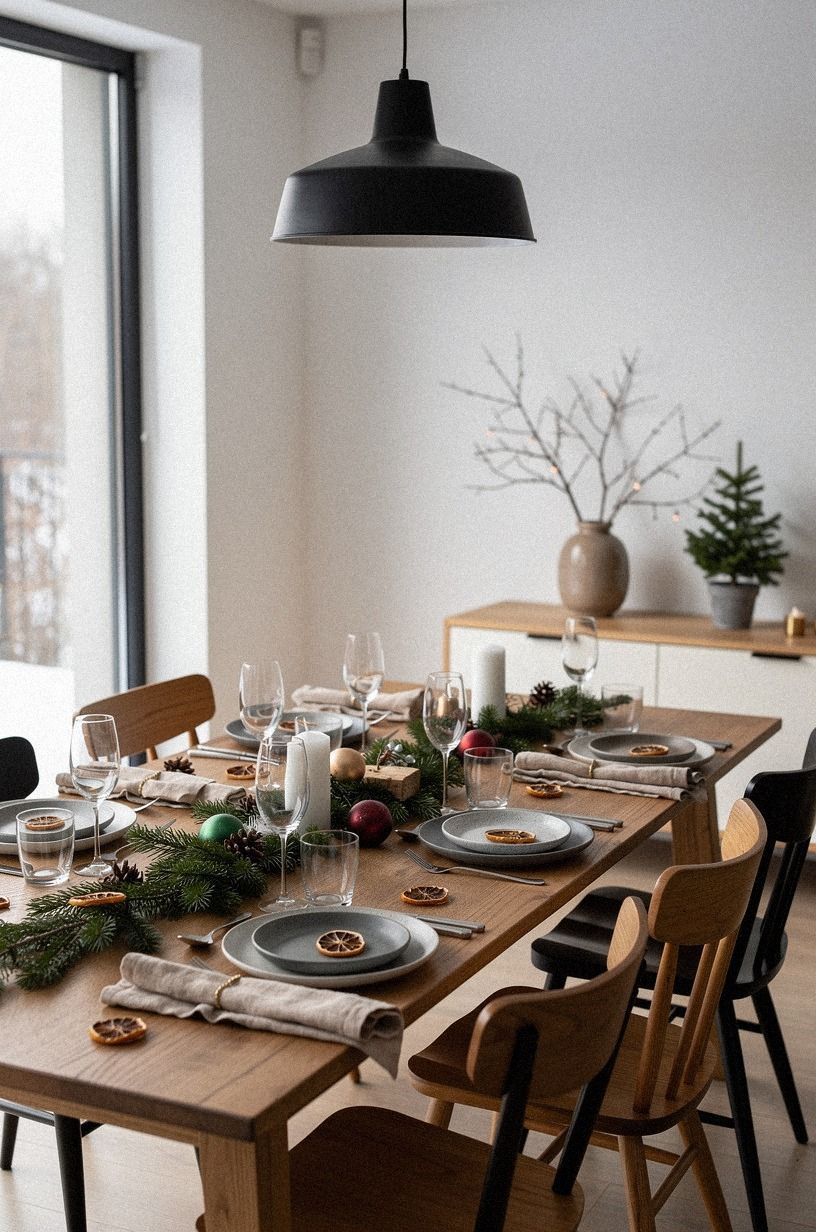 I built the Christmas table decorations around one low centerpiece, warm white palette