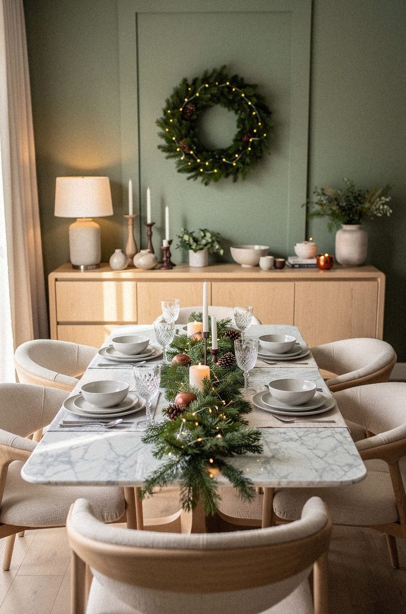I let the lighting carry the holiday dining table, sage green palette