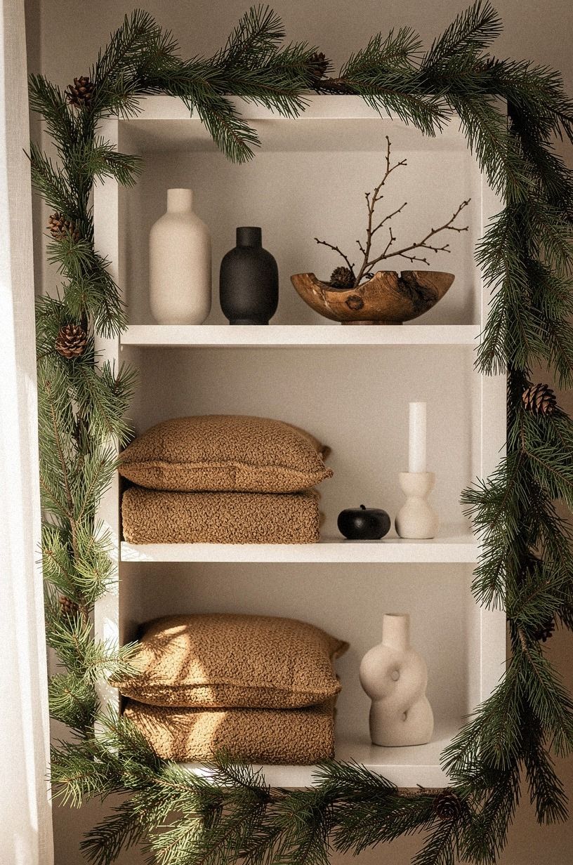 Frame the Shelf With Soft Evergreen