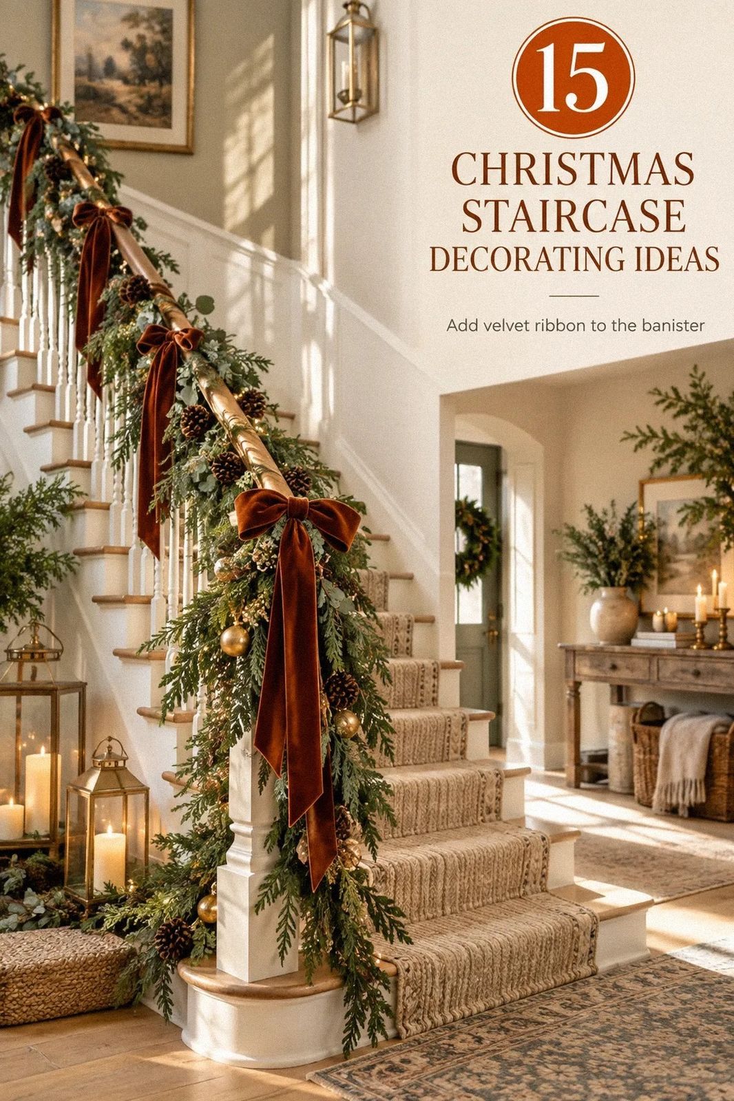 How to Style Christmas Staircase Garland and Ribbon - 15 Ideas