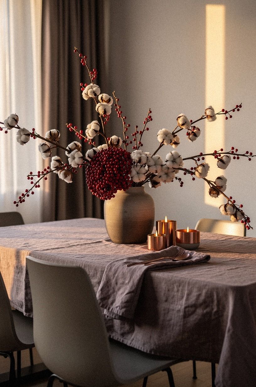 Winterberry, Cotton, and a Gathered Berry Cluster