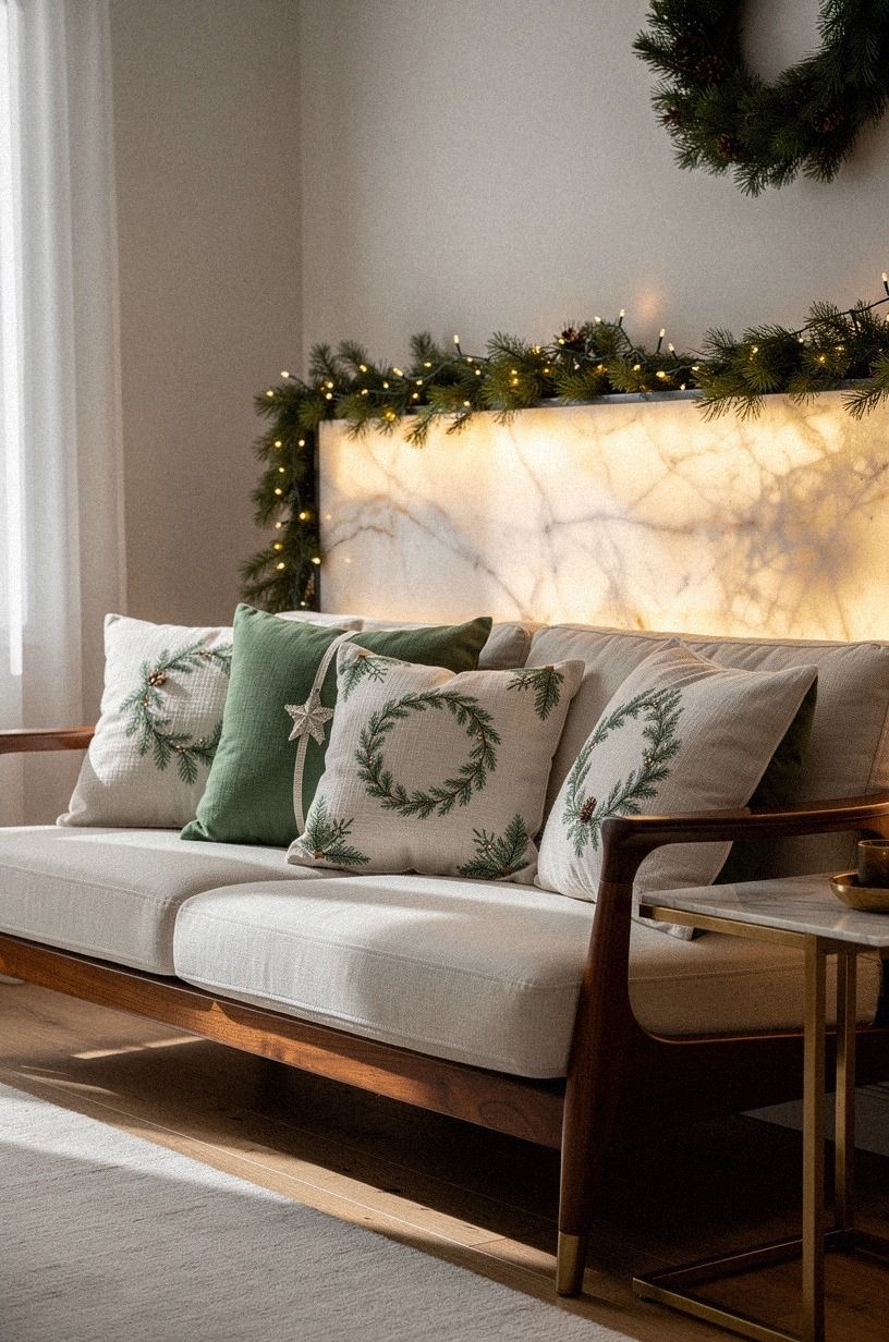 I Kept the Holiday Pillow Covers Quiet, sage green palette