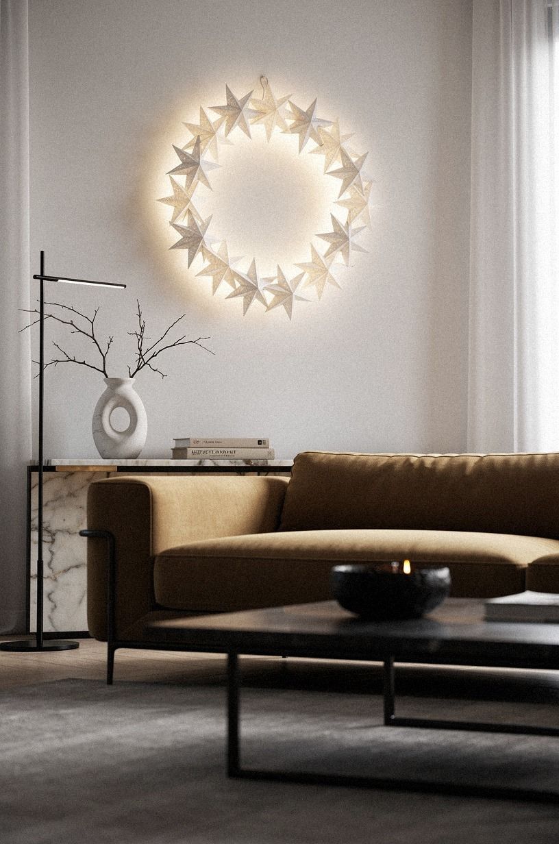 Hang a paper star wreath for a lighter look