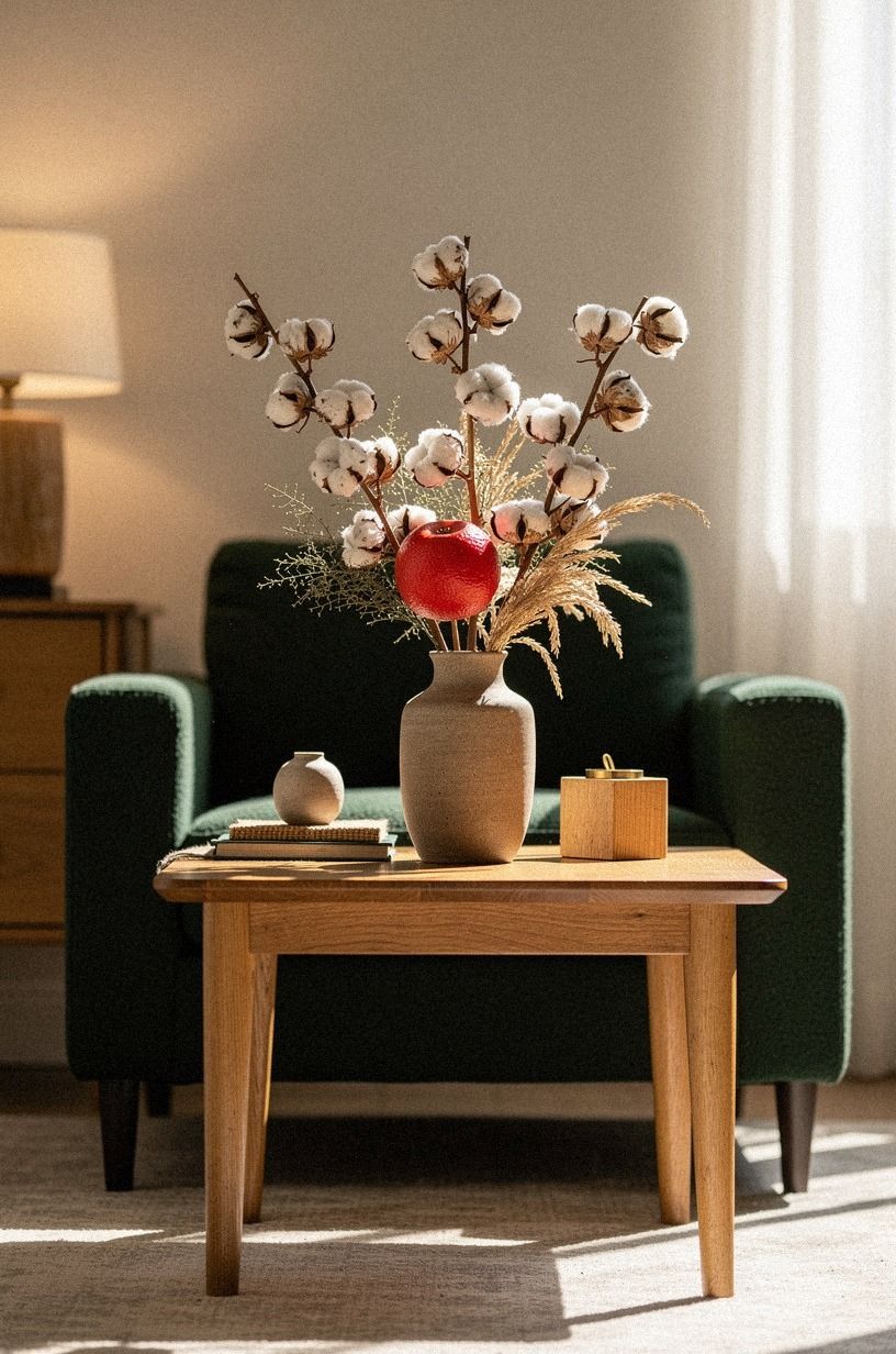 Mix dried cotton with one bold red fruit
