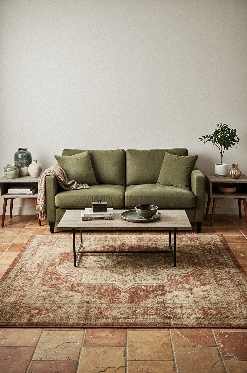 Layer a two-seat sofa over an 8x10 rug