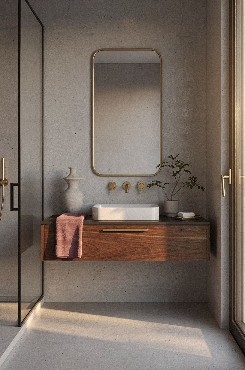 Float the vanity for a lighter concrete shower room