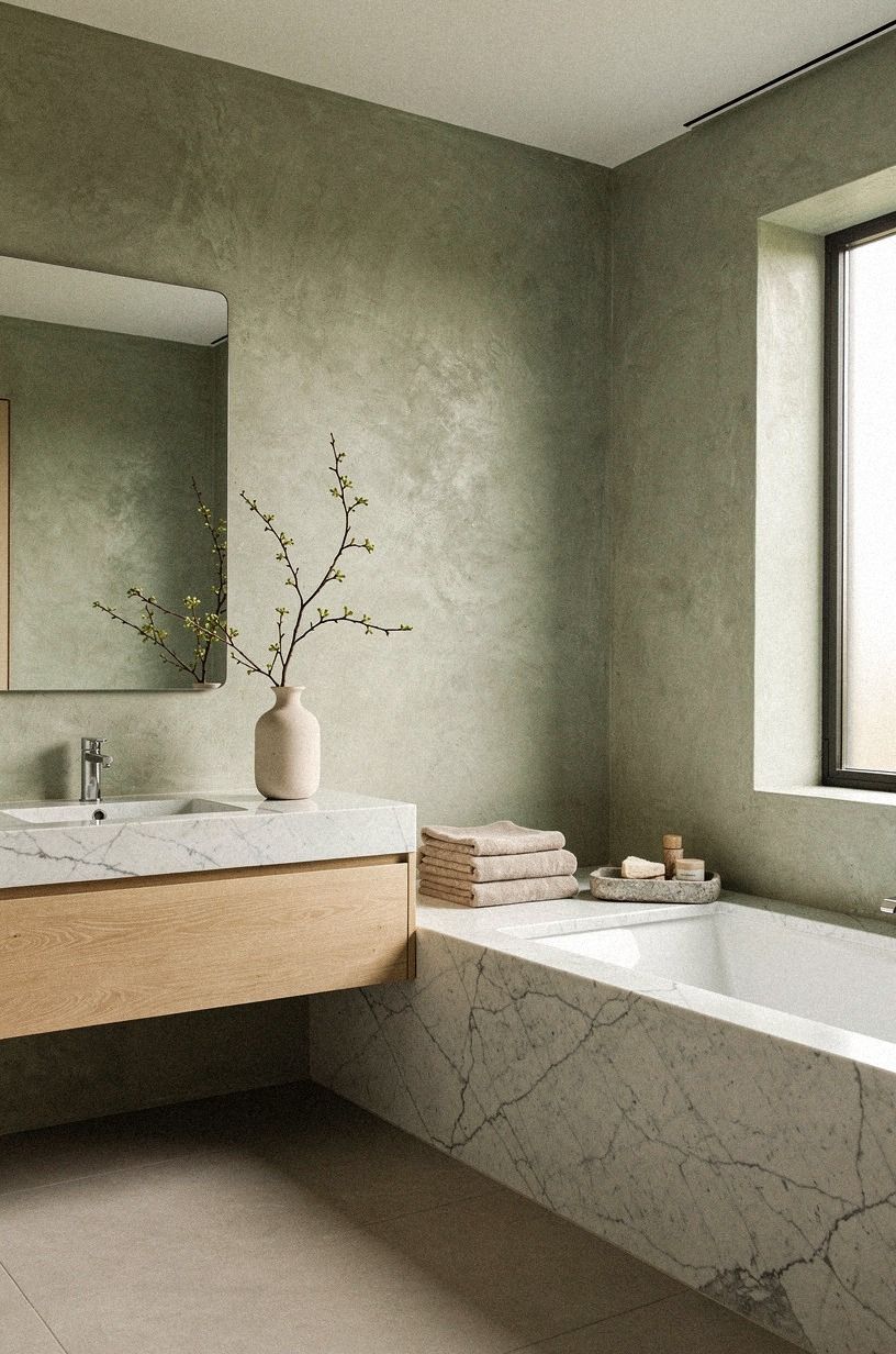 Trowel black tadelakt across the brown concrete bathroom