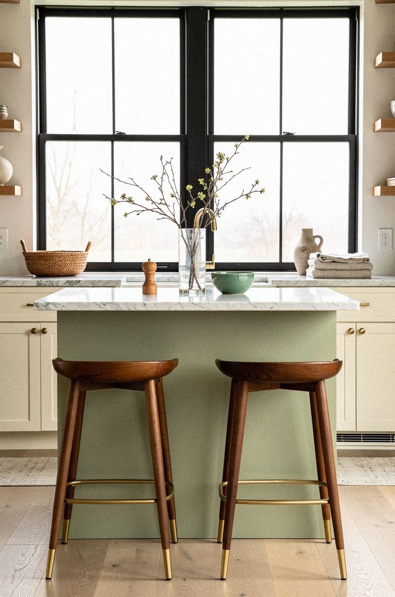 Mix Black Windows With a Soft Green Island