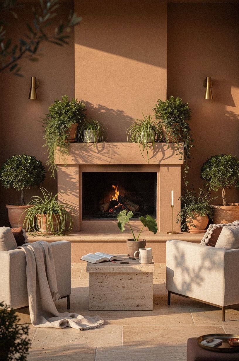 Frame the Fire With Greenery That Handles Both Views