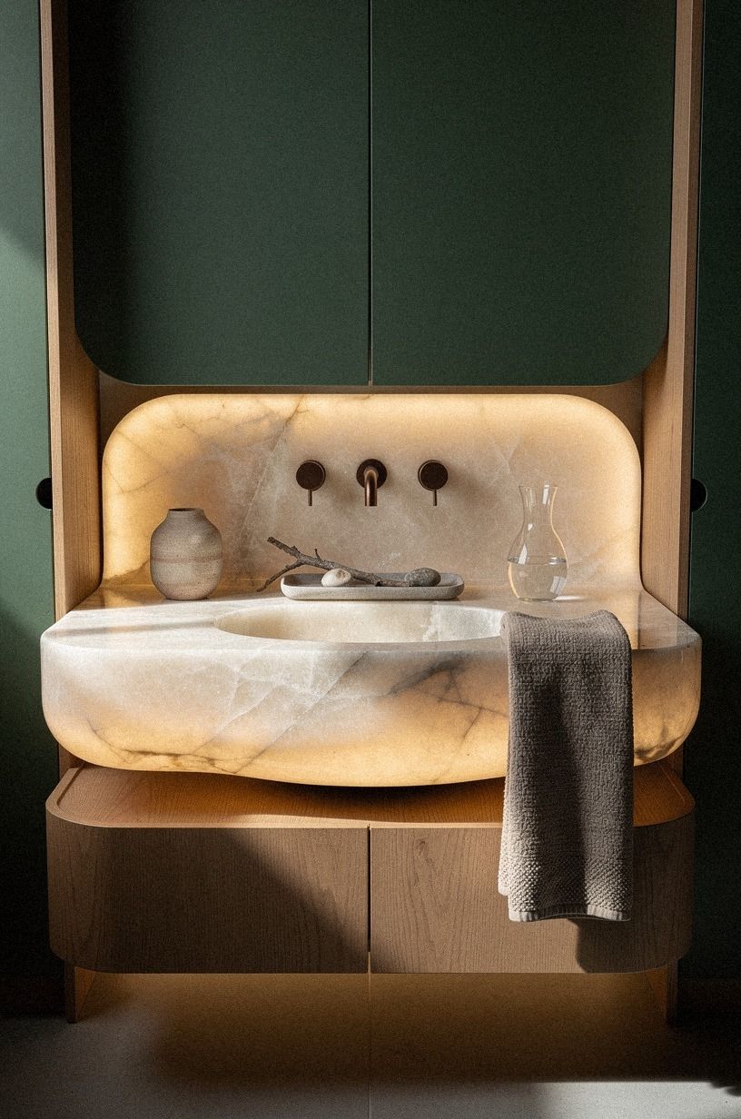 I chose the vanity around the stone, forest green palette