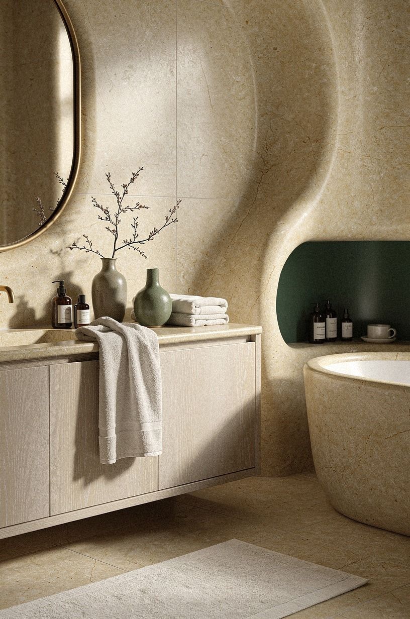I kept the grout quiet and the stone warm, emerald palette