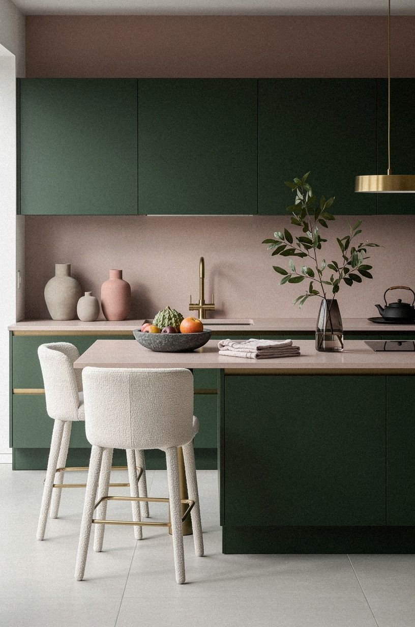 Paint the lowers in Farrow & Ball Studio Green for a warm organic kitchen