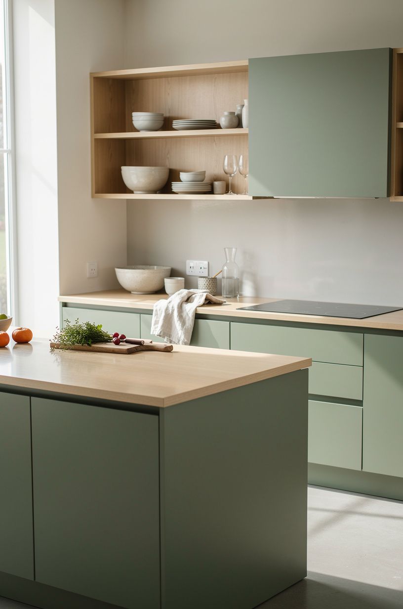 Swap upper cabinets for a light earthy kitchen shelf