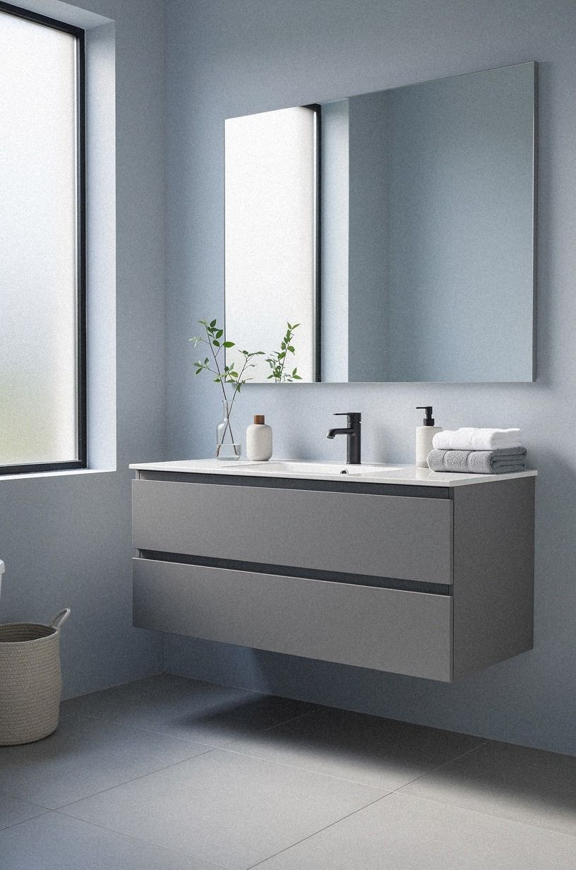 Float the Vanity for an Airy Modern Greige Bathroom