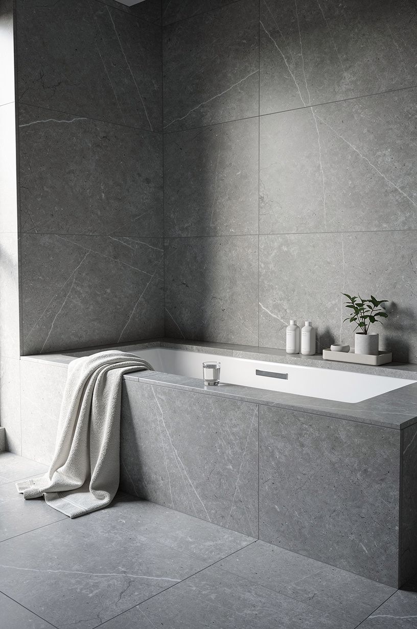 Anchor the stone bathroom with one warm wood