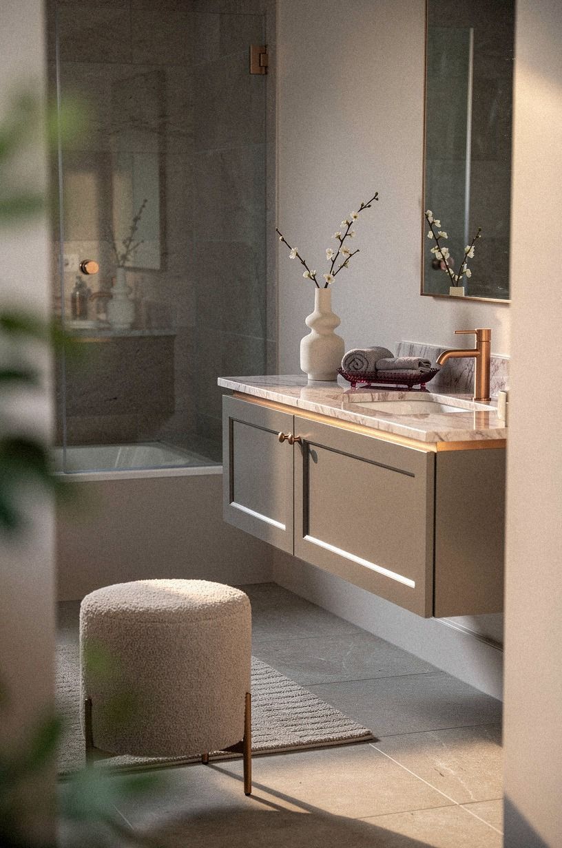 Float the vanity for an airier neutral tone bathroom