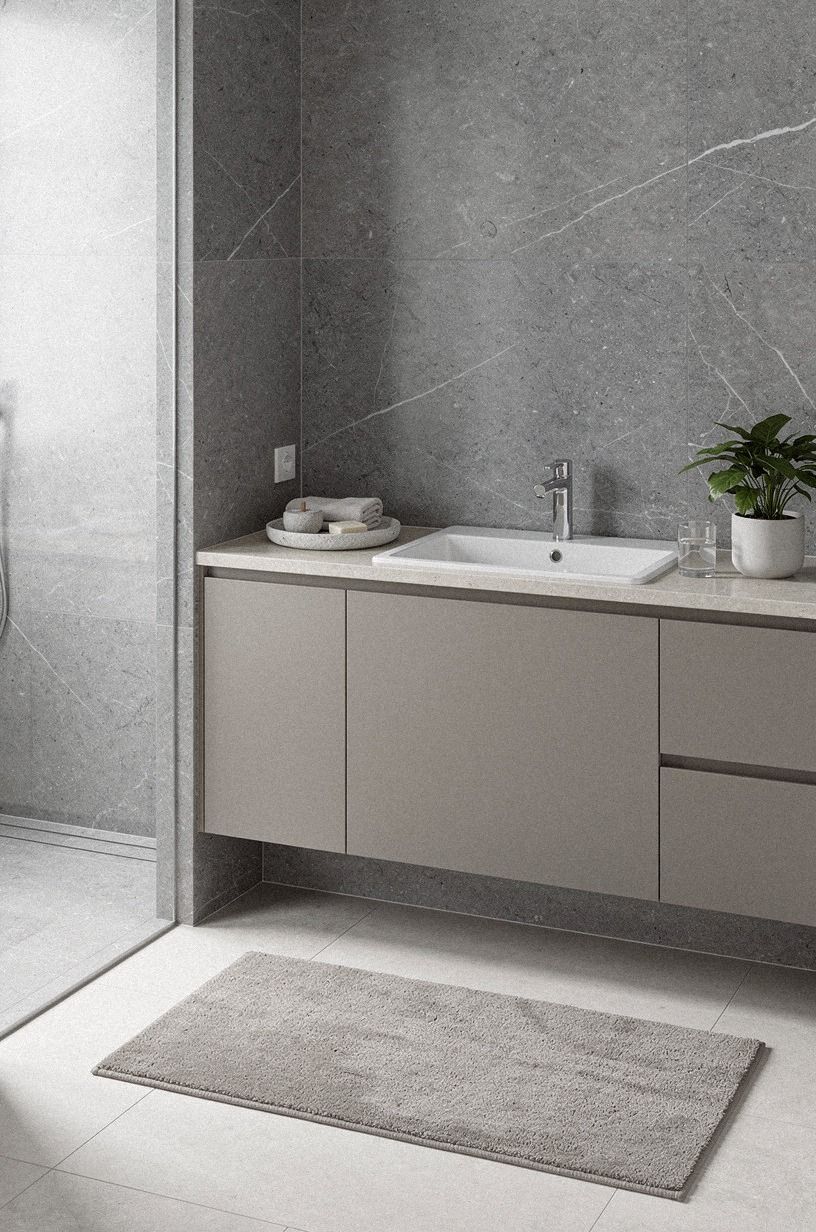 Pair the floor with a soft neutral bathroom tile