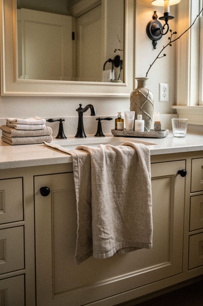 Frame the vanity with a warm, narrow pattern