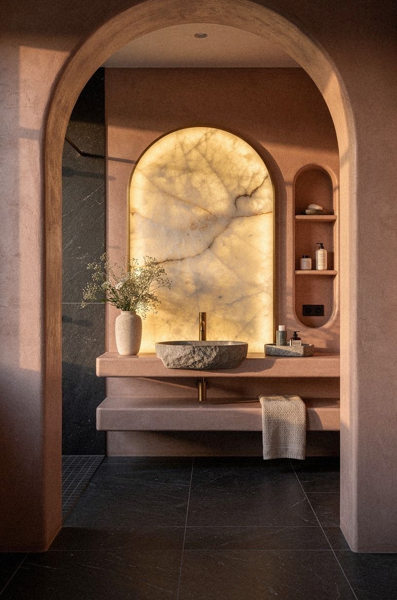 I added texture with the Mediterranean homes bathroom rule, dusty rose palette