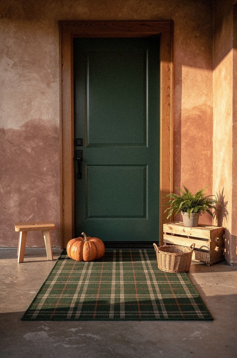 Frame a Fall Front Door Rug With Plaid and Pumpkin