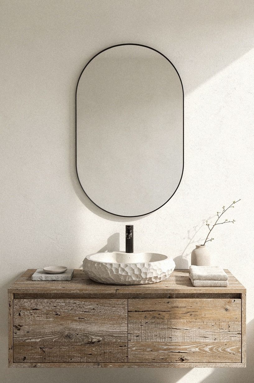 Hang a Rounded Mirror Above the Carved Basin