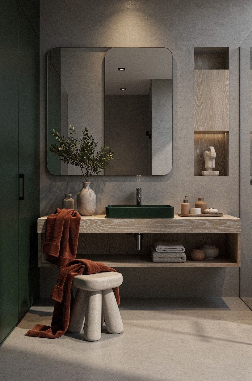 Layer Terracotta Notes Into the Cement Finish Bathroom
