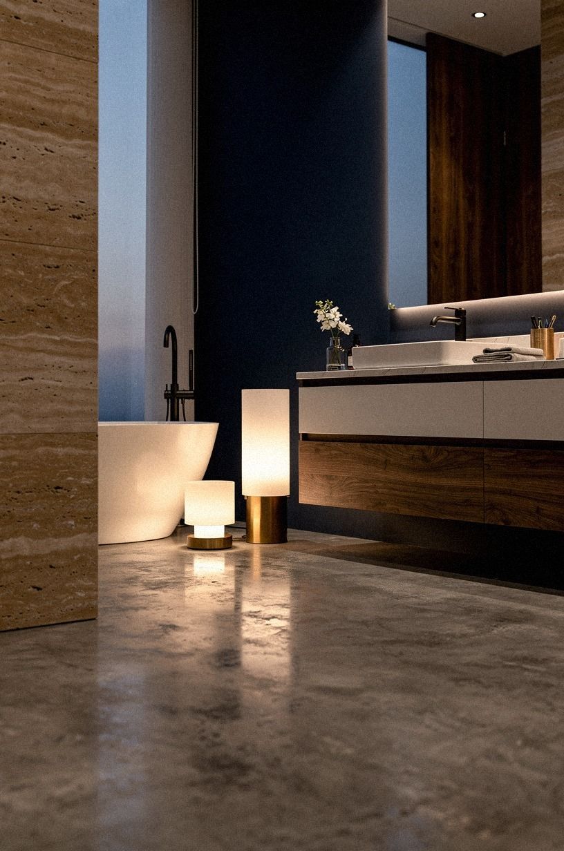 Layer the Three-Height Light Stack Around the Concrete Bathroom Floor